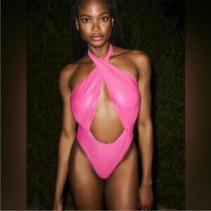 Urban Outfitters | Out From Under Marina Halter One Piece Swimsuit Metallic Pink